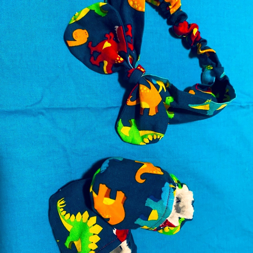 Handmade baby Dino theme booties and headband